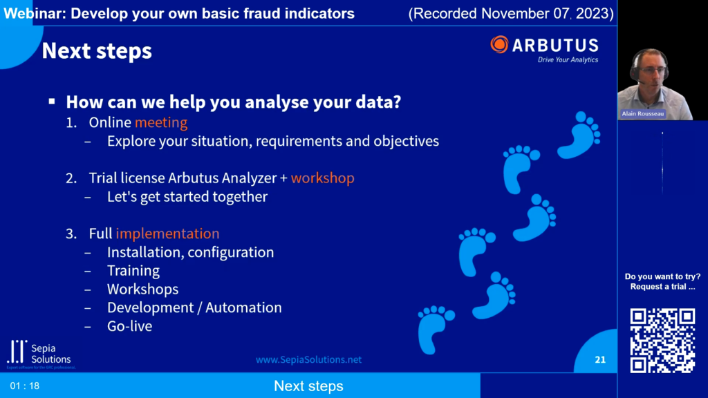 Screenshot of the webinar recording: Develop your own basic fraud indicators (Next steps).