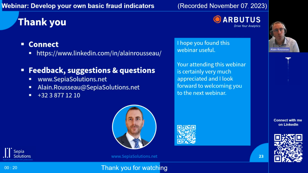 Screenshot of the webinar recording: Develop your own basic fraud indicators (Q&A and closing).
