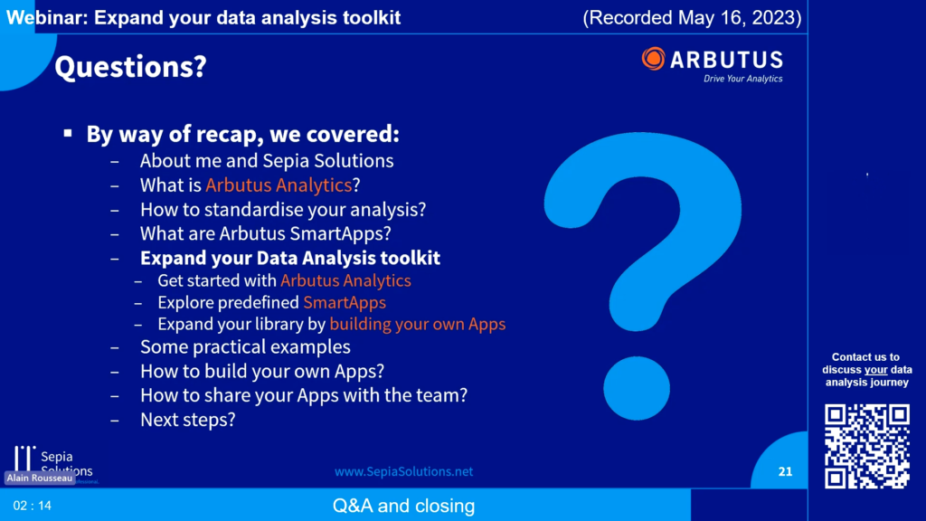 Screenshot of the webinar recording: Expand your data analysis toolkit (Q&A and closing).