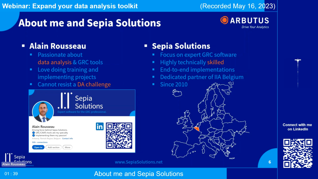 Screenshot of the webinar recording: Expand your data analysis toolkit (About me and Sepia Solutions).