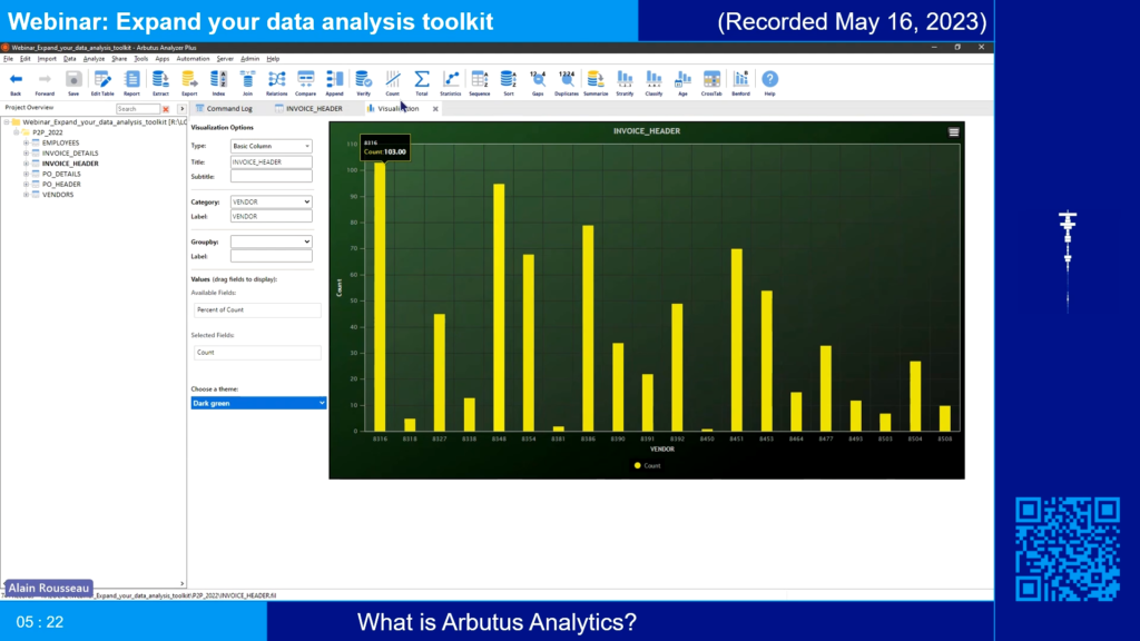 Screenshot of the webinar recording: Expand your data analysis toolkit (What is Arbutus Analytics?).