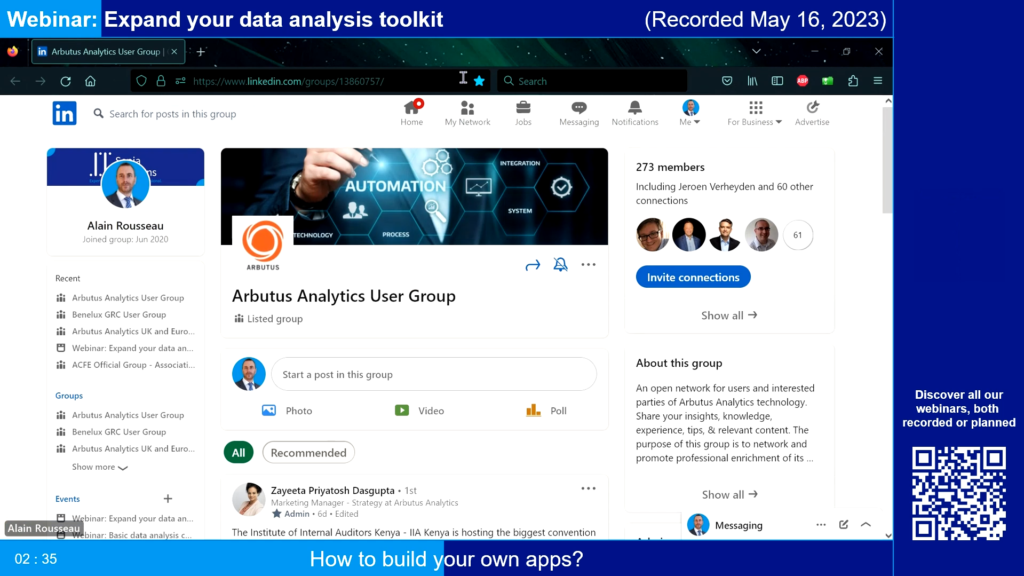 Screenshot of the webinar recording: Expand your data analysis toolkit (How to build and share your own apps?).