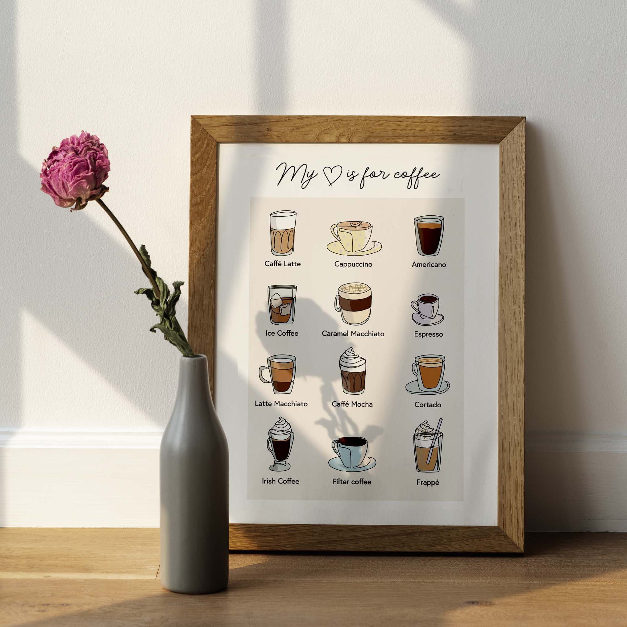 Dried pink peony flower in a gray vase by a wooden frame mockup