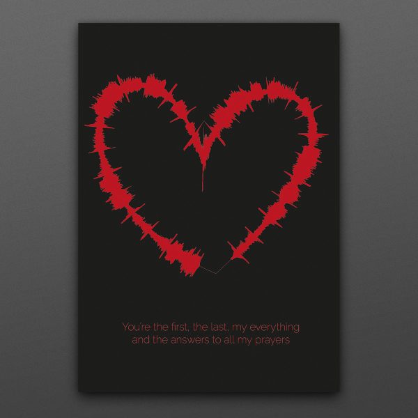 Röd ljudvåg formad som ett hjärta på en svart affisch.