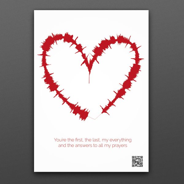 Röd ljudvåg formad som ett hjärta på en vit affisch.