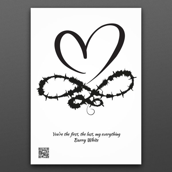 Vit poster med svart hjärta och ljudvågsornament med svart text: "you're the first the last my everything"