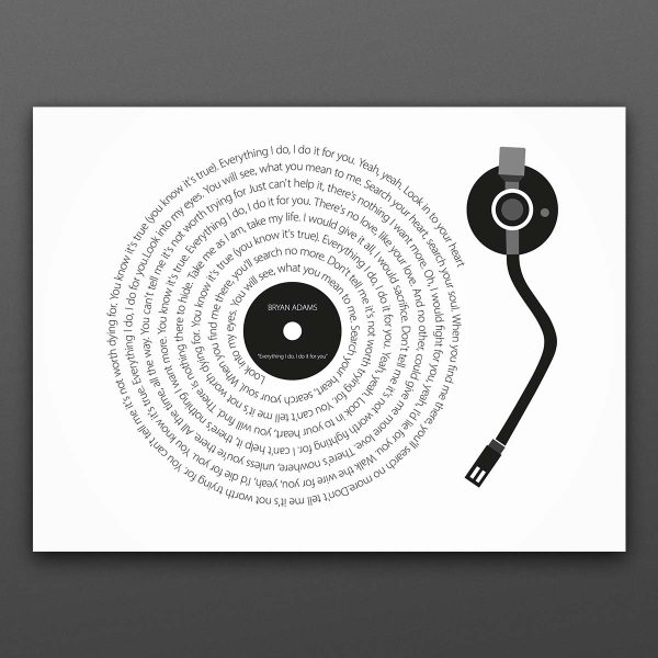 Poster i liggande format med Vinylspelare med en "skiva" som är gjord med låttexten från Bryan Adams "Everything I do I do it for you"
