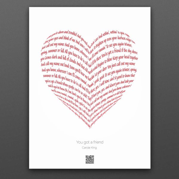 Poster med rött hjärta av låttexten "You got a fried" och under en QR-kod som leder till låten.