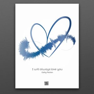 Vit poster i stående format med ett blått hjärta, på hjärtat en blåljudvåg. Under text: "I will always love you"