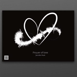 svart poster i liggande format med ett vitt hjärta, på hjärtat en vit ljudvåg. Under text: "Power of love"