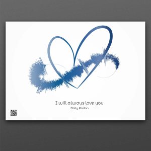 vit poster i liggande format med ett blått hjärta, på hjärtat en blå ljudvåg. Under text: "I will always love you"