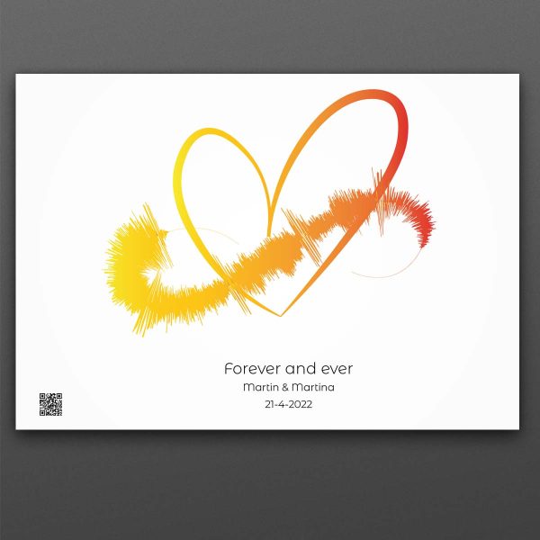 vit poster i liggande format med ett orange hjärta, på hjärtat en orange ljudvåg. Under text: "Forever and ever"