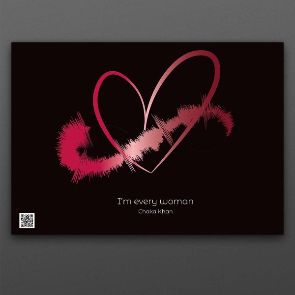 svart poster i liggande format med ett rött hjärta, på hjärtat en rödljudvåg. Under text: "Im every woman"