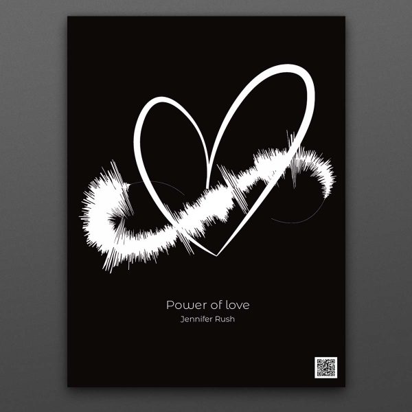 svart poster i stående format med ett vitthjärta, på hjärtat en vit ljudvåg. Under text: "Power of love"