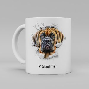 Vit keramikmugg med illustration av ett hundhuvud som "tittar ut genom" ett illustrerat hål. Hunden är av rasen Bullmastiff