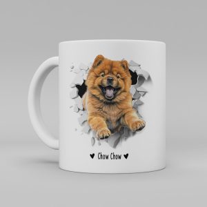 Vit keramikmugg med illustration av ett hundhuvud som "tittar ut genom" ett illustrerat hål. Hunden är av rasen Chow Chow