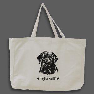 Foto av naturvit tygväska med svart illustration av hundhuvud av rasen English Mastiff