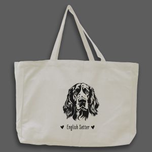 Foto av naturvit tygväska med svart illustration av hundhuvud av rasen English Setter