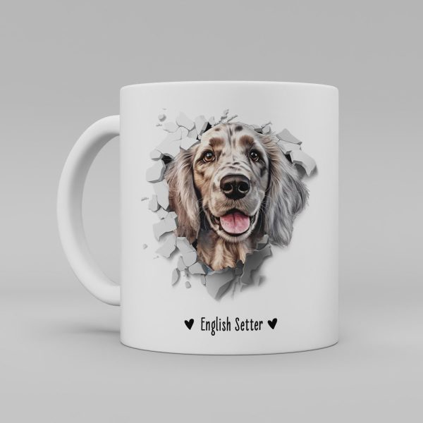 Vit keramikmugg med illustration av ett hundhuvud som "tittar ut genom" ett illustrerat hål. Hunden är av rasen English Setter