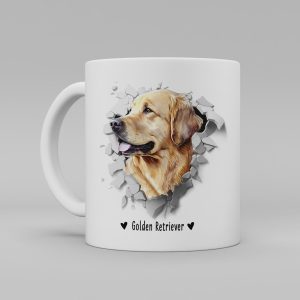 Vit keramikmugg med illustration av ett hundhuvud som "tittar ut genom" ett illustrerat hål. Hunden är av rasen Golden Retriever