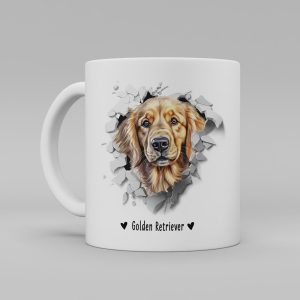 Vit keramikmugg med illustration av ett hundhuvud som "tittar ut genom" ett illustrerat hål. Hunden är av rasen Golden Retriever