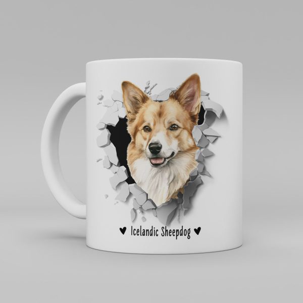 Vit keramikmugg med illustration av ett hundhuvud som "tittar ut genom" ett illustrerat hål. Hunden är av rasen Icelandic Sheepdog