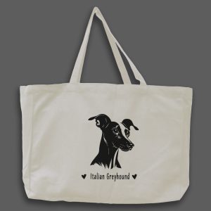 Foto av naturvit tygväska med svart illustration av hundhuvud av rasen Italian Greyhound