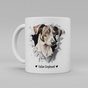 Vit keramikmugg med illustration av ett hundhuvud som "tittar ut genom" ett illustrerat hål. Hunden är av rasen Italian Greyhound