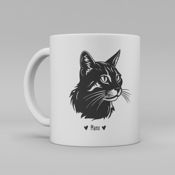Vit keramikmugg med svart illustration av svart katt av rasen Manx