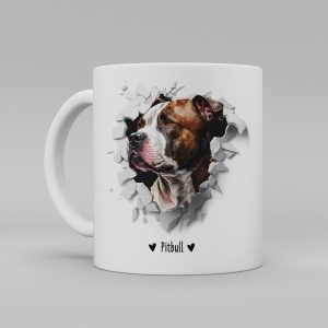 Vit keramikmugg med illustration av ett hundhuvud som "tittar ut genom" ett illustrerat hål. Hunden är av rasen Pitbull