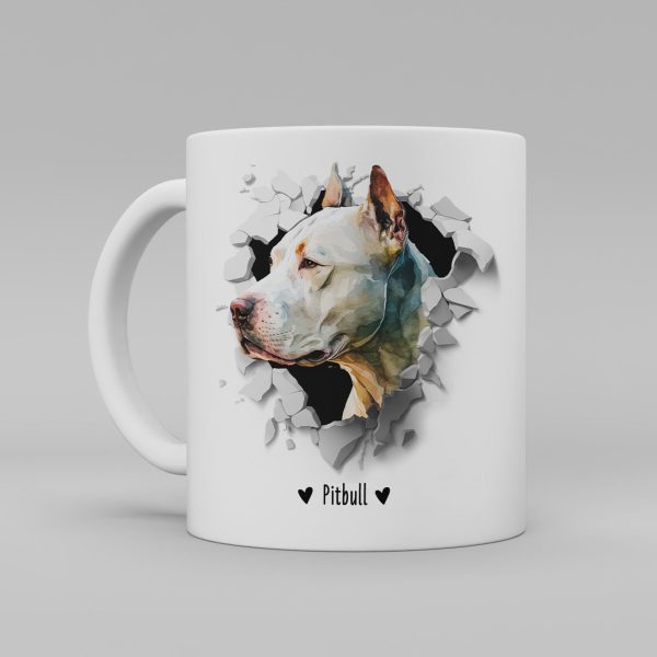 Vit keramikmugg med illustration av ett hundhuvud som "tittar ut genom" ett illustrerat hål. Hunden är av rasen Pitbull