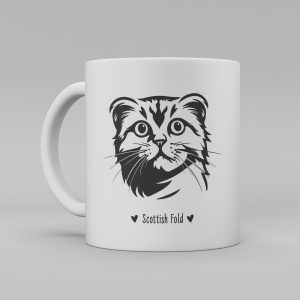 Vit keramikmugg med svart illustration av svart katt av rasen Scottish Fold