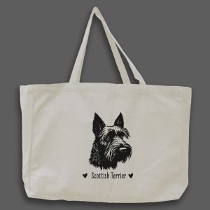 Foto av naturvit tygväska med svart illustration av hundhuvud av rasen Scottish Terrier