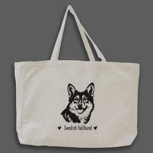 Foto av naturvit tygväska med svart illustration av hundhuvud av rasen Swedish Vallhund