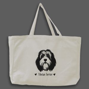 Foto av naturvit tygväska med svart illustration av hundhuvud av rasen Tibetan Terrier