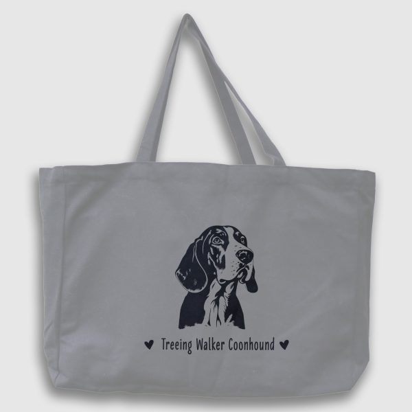 Foto av grå tygväska med svart illustration av hundhuvud av rasen Treeing Walker Coonhound