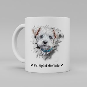 Vit keramikmugg med illustration av ett hundhuvud som "tittar ut genom" ett illustrerat hål. Hunden är av rasen West Highland White Terrier