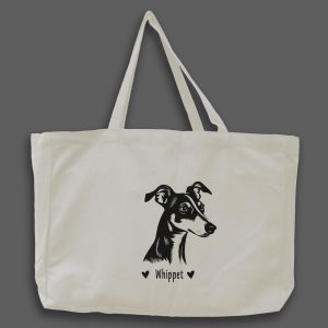 Foto av naturvit tygväska med svart illustration av hundhuvud av rasen Whippet