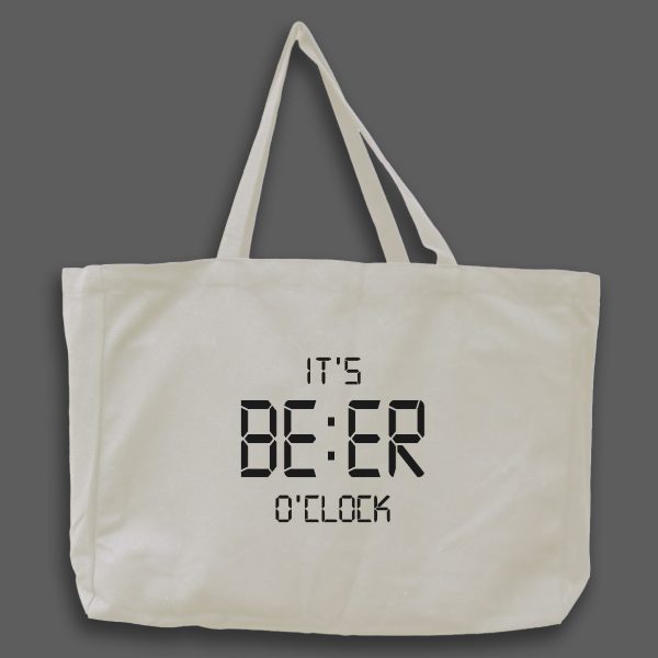 Naturvit tygväska med svart text på engelska: "Its beer o'clock"