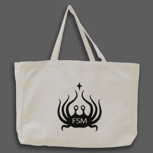 vit tygväska med logotypen för det flygande spagettimonstret illustrerat på väskan