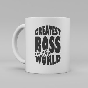 Vit keramikmugg med engelsk svart text: "Greatest boss in the world"