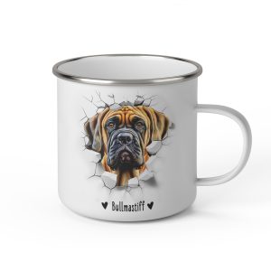 Vit emaljmugg med illustration av ett hundhuvud som "tittar ut genom" ett illustrerat hål. Hunden är av rasen Bullmastiff