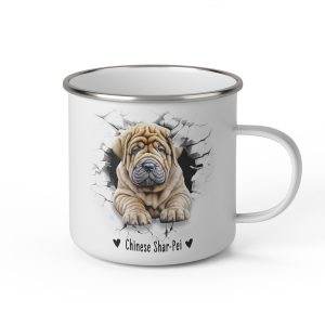 Vit emaljmugg med illustration av ett hundhuvud som "tittar ut genom" ett illustrerat hål. Hunden är av rasen Chinese Shar-Pei