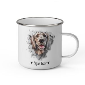 Vit emaljmugg med illustration av ett hundhuvud som "tittar ut genom" ett illustrerat hål. Hunden är av rasen English Setter