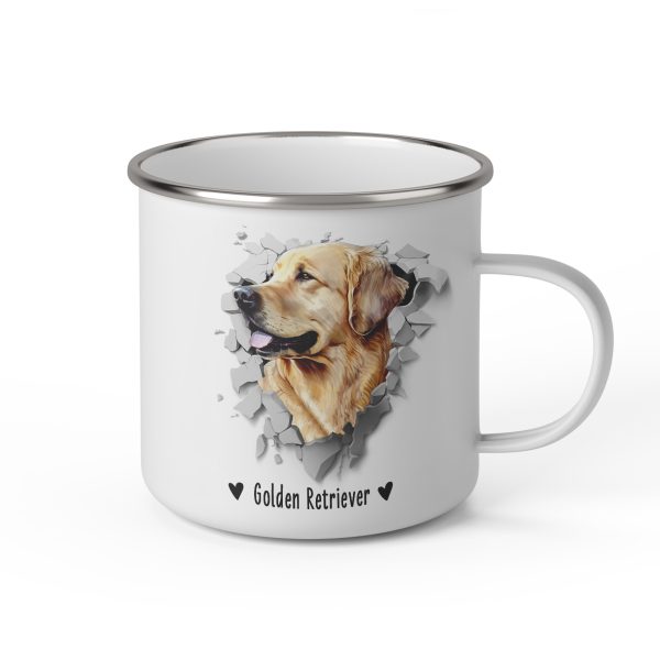 Vit emaljmugg med illustration av ett hundhuvud som "tittar ut genom" ett illustrerat hål. Hunden är av rasen Golden Retriever