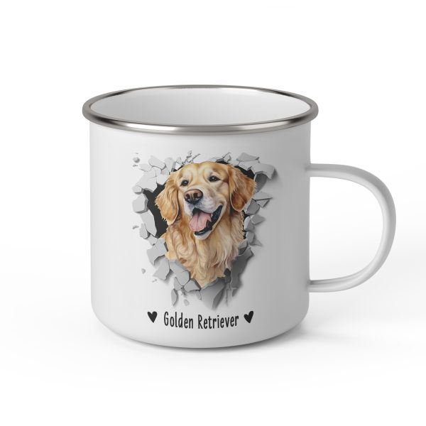 Vit emaljmugg med illustration av ett hundhuvud som "tittar ut genom" ett illustrerat hål. Hunden är av rasen Golden Retriever