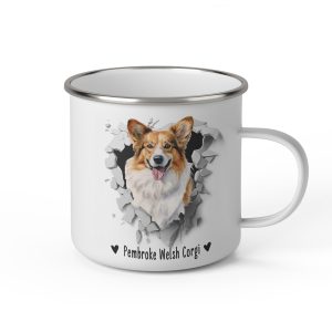 Vit emaljmugg med illustration av ett hundhuvud som "tittar ut genom" ett illustrerat hål. Hunden är av rasen Pembroke Welsh Corgi