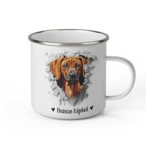 Vit emaljmugg med illustration av ett hundhuvud som "tittar ut genom" ett illustrerat hål. Hunden är av rasen Rhodesian Ridgeback