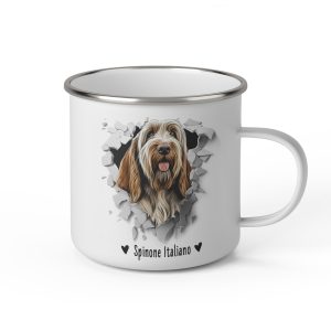 Vit emaljmugg med illustration av ett hundhuvud som "tittar ut genom" ett illustrerat hål. Hunden är av rasen Spinone Italiano