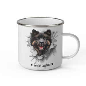 Vit emaljmugg med illustration av ett hundhuvud som "tittar ut genom" ett illustrerat hål. Hunden är av rasen Swedish Lapphund